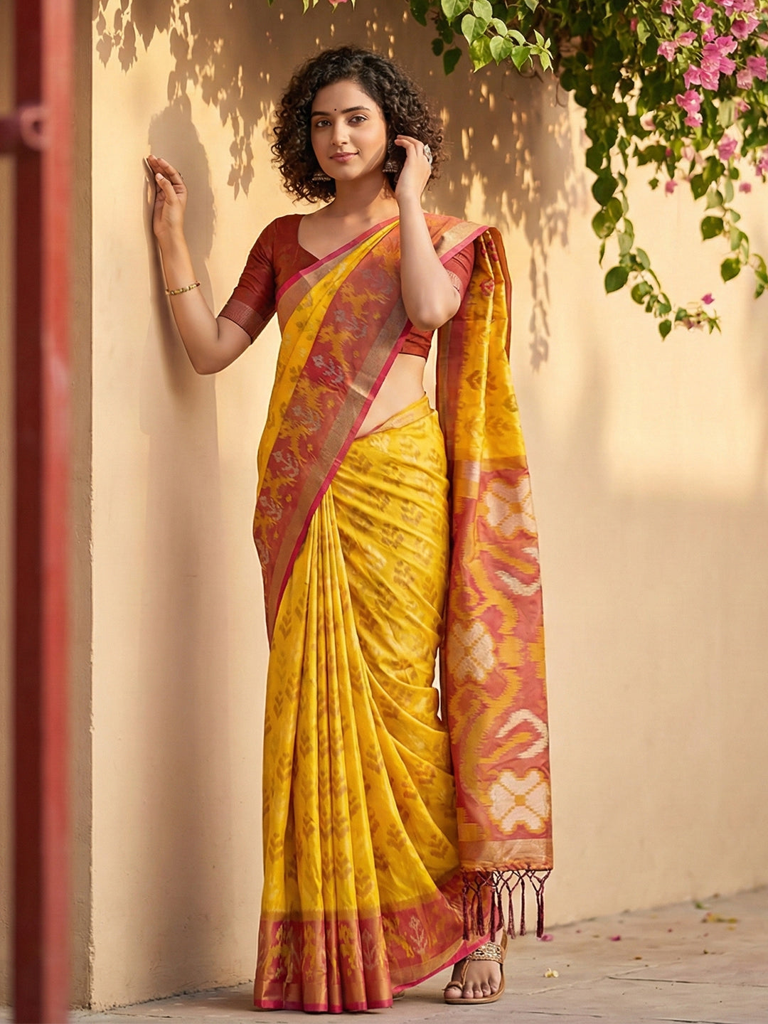 Anaita Yellow Pochampally Printed Saree With Blouse
