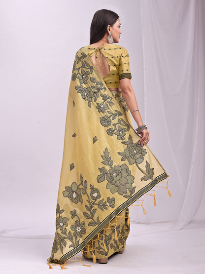 Anaita Yellow Linen Printed Saree With Blouse
