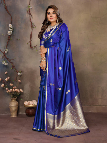 Joban Fashion Royal Blue Floral & Botanical Motifs Satin Silk Banarasi Silk Saree