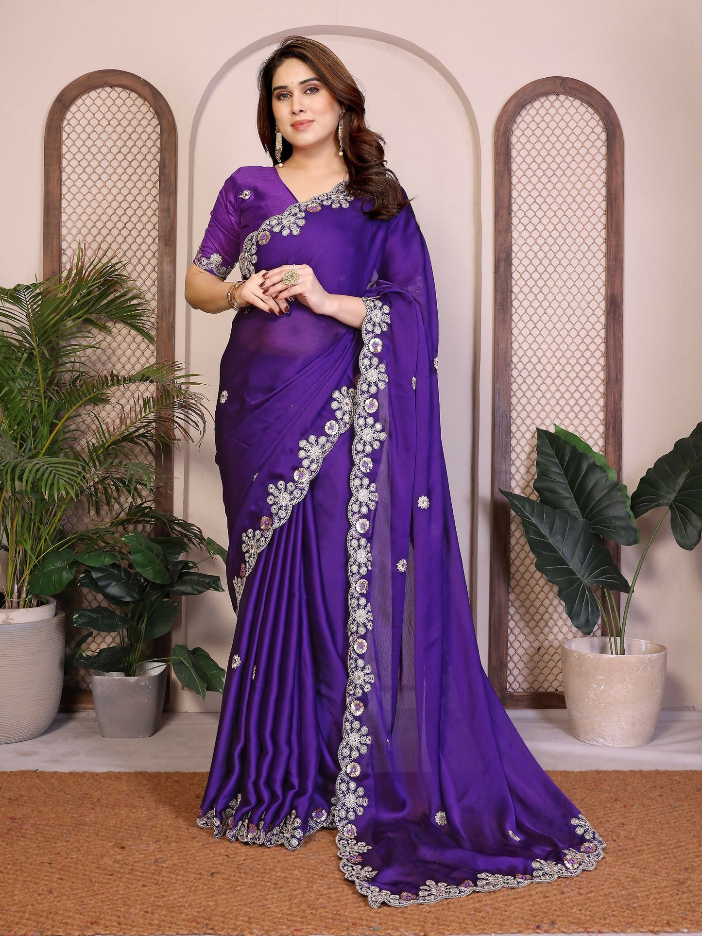Teeya Creation New Trendy Party Wear Soft Satin Chiffon Saree-Purple