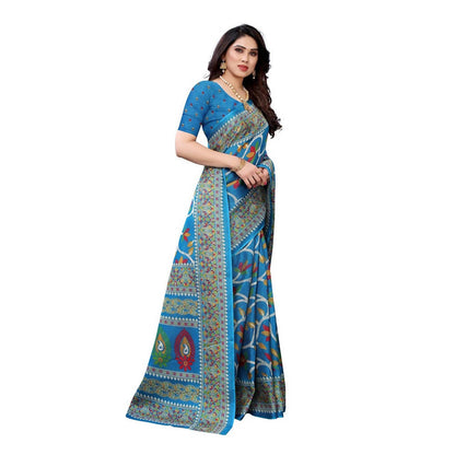 Vamika Printed Jute Silk Blue Saree (Rishika Blue)