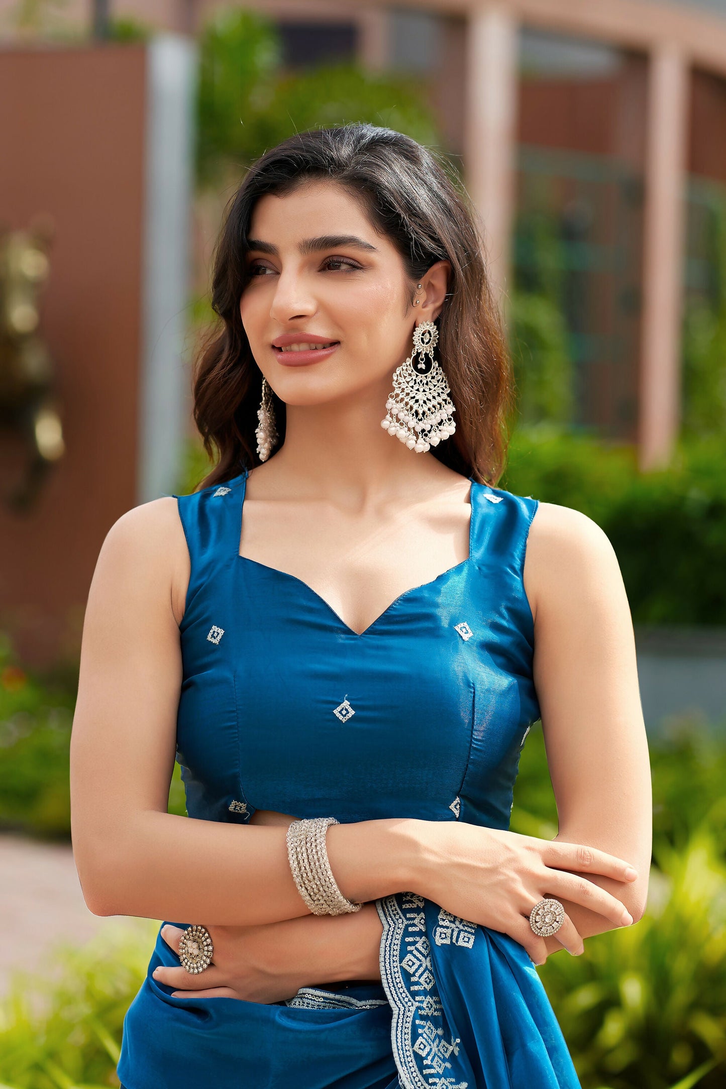 Vastranavya Firozi Embroidery Work Shimmer Chiffon Saree with Unstitched Blouse