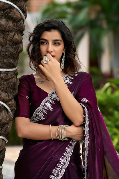 Vastranavya Wine Embroidery Work Shimmer Chiffon Saree with Unstitched Blouse