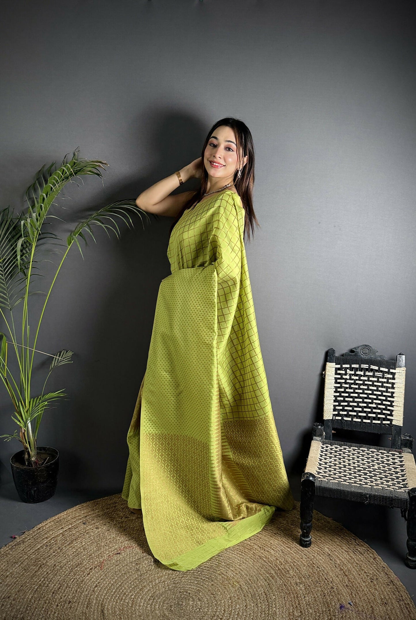 Joban Fashion Light Green Banarasi Soft Lichi Silk Checks & Woven Saree