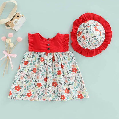 Bold N Elegant Cotton Floral Printed Ruffle Sleeve Princess Dress Frock With Fabric Hat Cap - Red