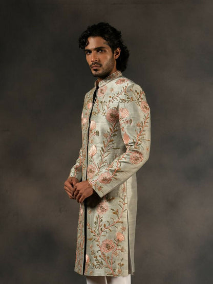 Pastel Green Hand Embroidered Indowestern Sherwani by Hilo Design