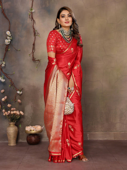Joban Fashion Red Floral & Botanical Motifs Satin Silk Banarasi Silk Saree