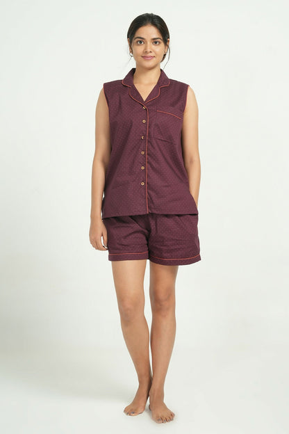 Breathables Women Cotton Night Suit Shirt And Shorts Co-Ord Set Maroon I Nightwear | Loungewear Set