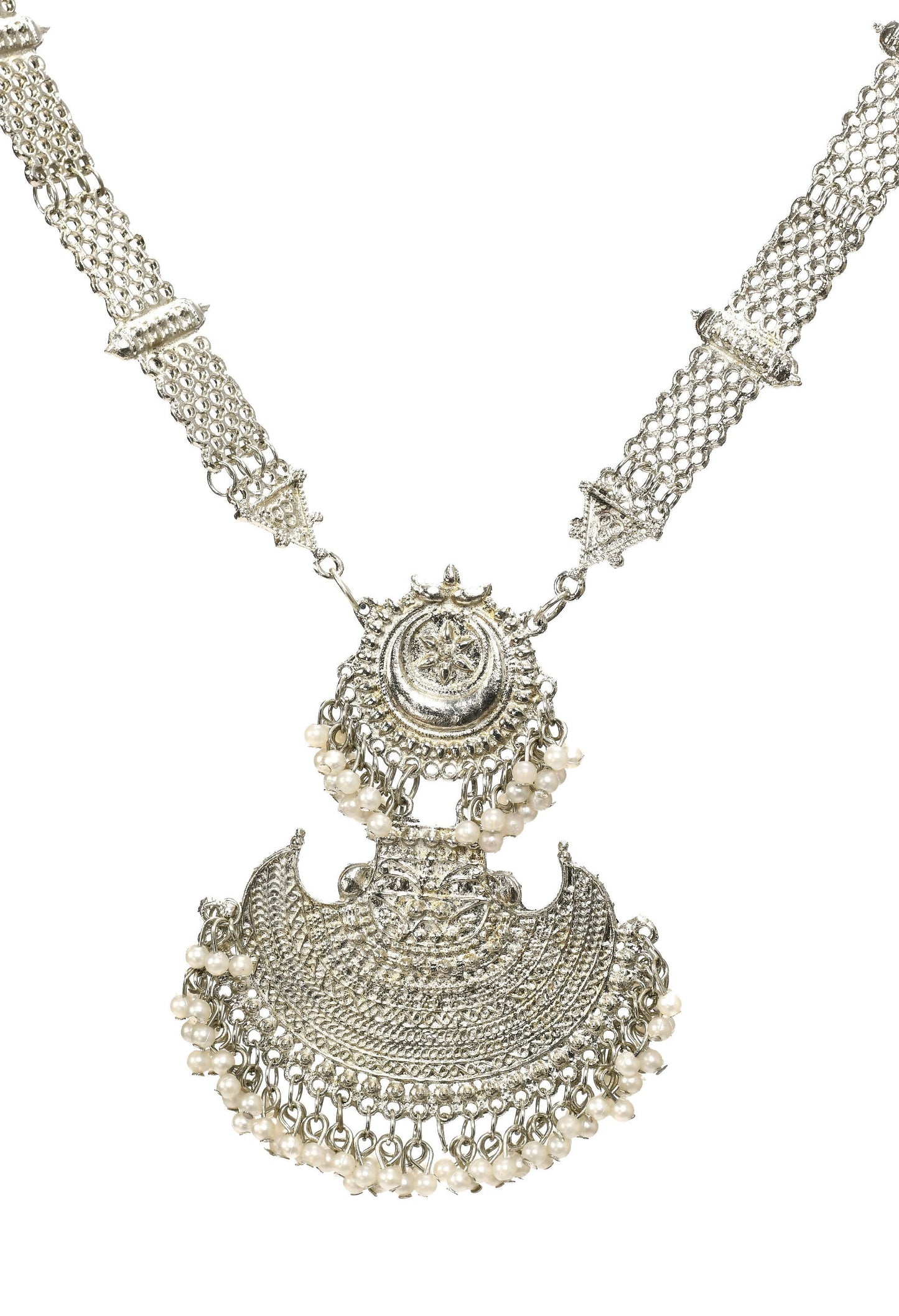 Mominos Fashion Johar Kamal Silver-Plated Brass Finish Rani Haar Statement Necklace For Women