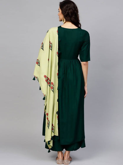 Cheera A-Line solid Green Kurta, Palazzo, Stole Set (CH043K)