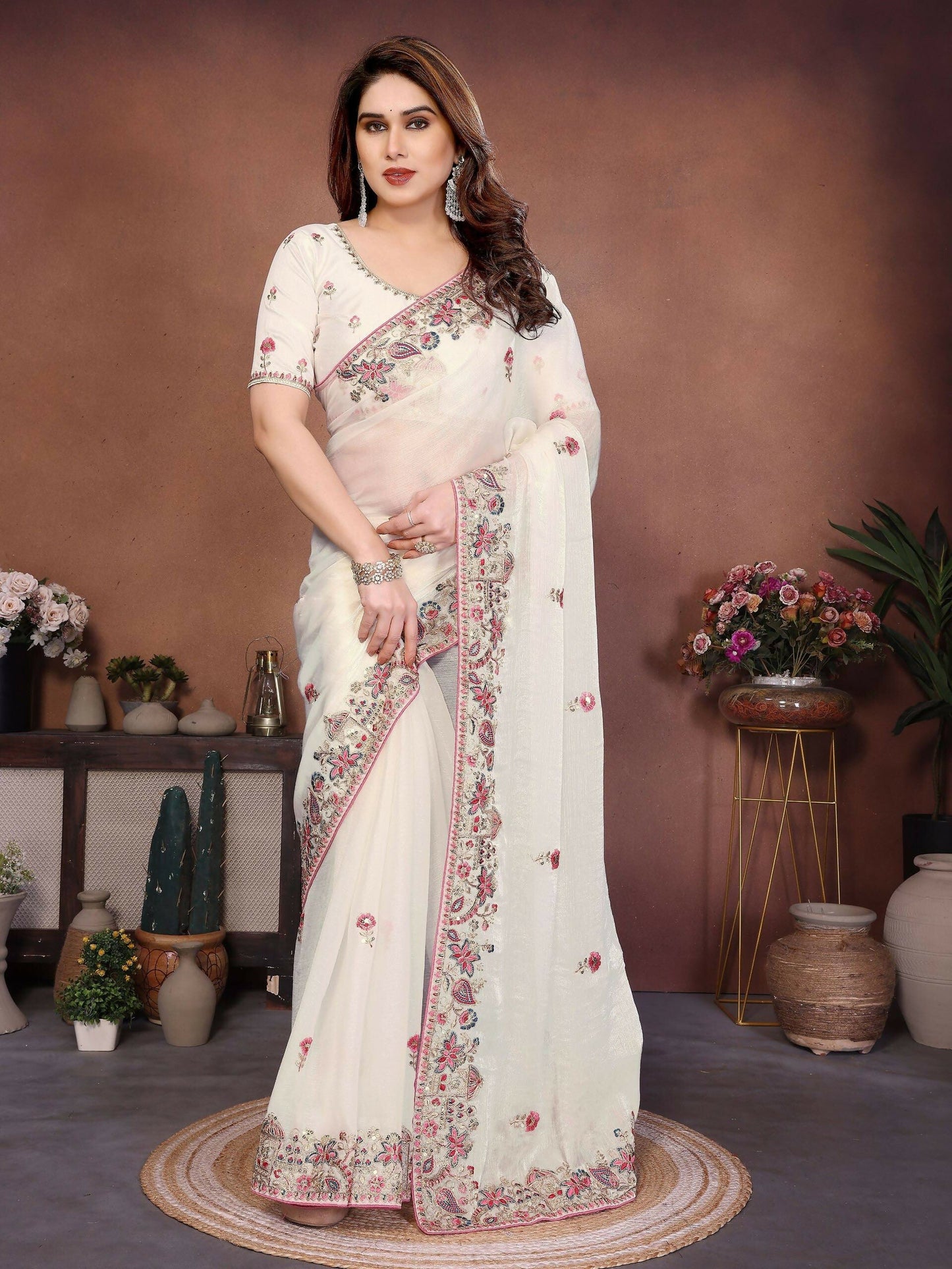 Teeya Creation New Womens Latest Party Wear Soft Chiffon Silk Saree-White