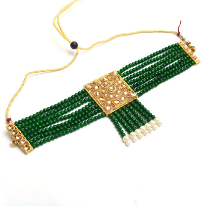 Mominos Fashion Johar Kamal Gold-Polished Kundan & Pearls Necklace Green/Golden Color Choker Set