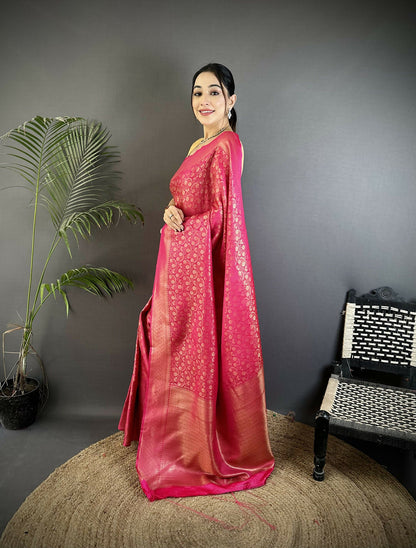 Joban Fashion Rani Pink Floral & Paisley Motifs Soft Satin Silk Banarasi Saree