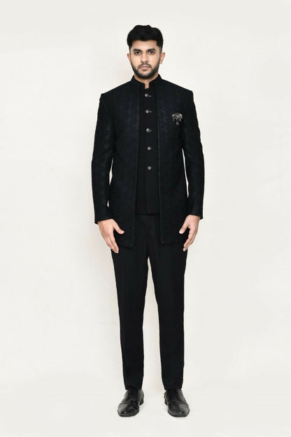 Joban Fashion Black Colored Imported Jacquard Fabric Open Prince Coat, Jacket With Pant