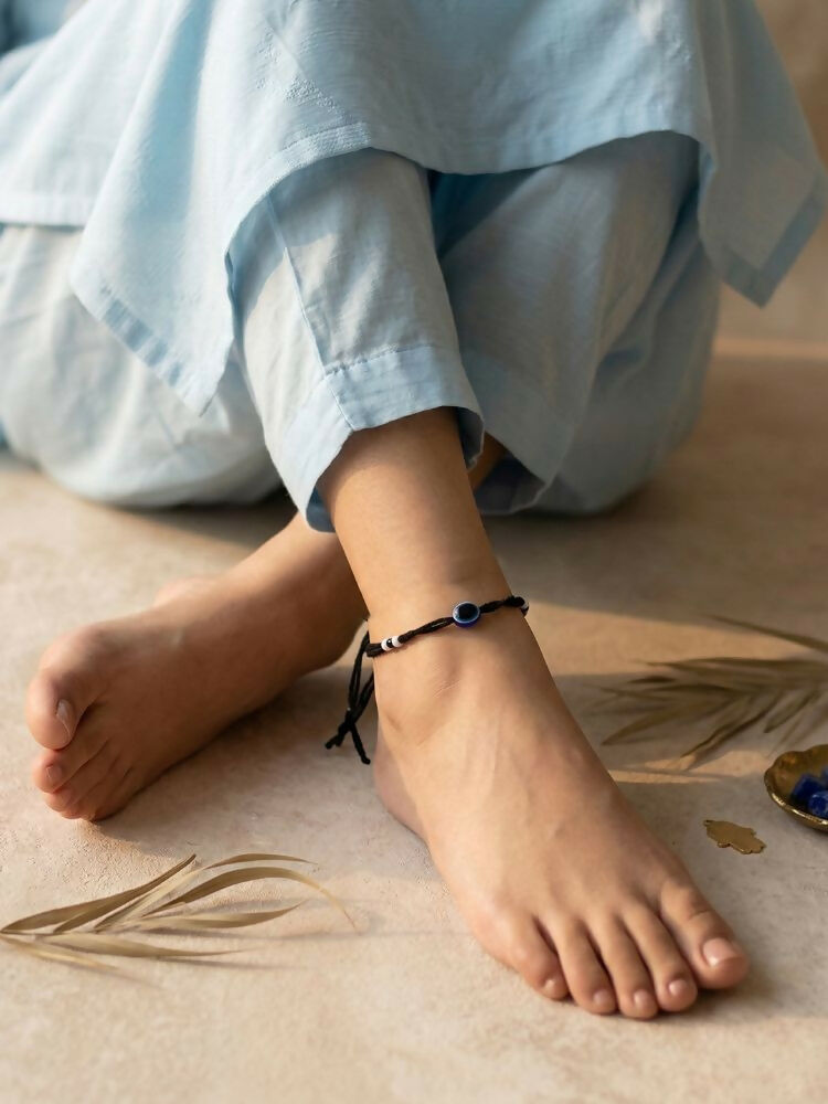 NVR Women Set of 2 Black Beaded Evil Eye Anklet
