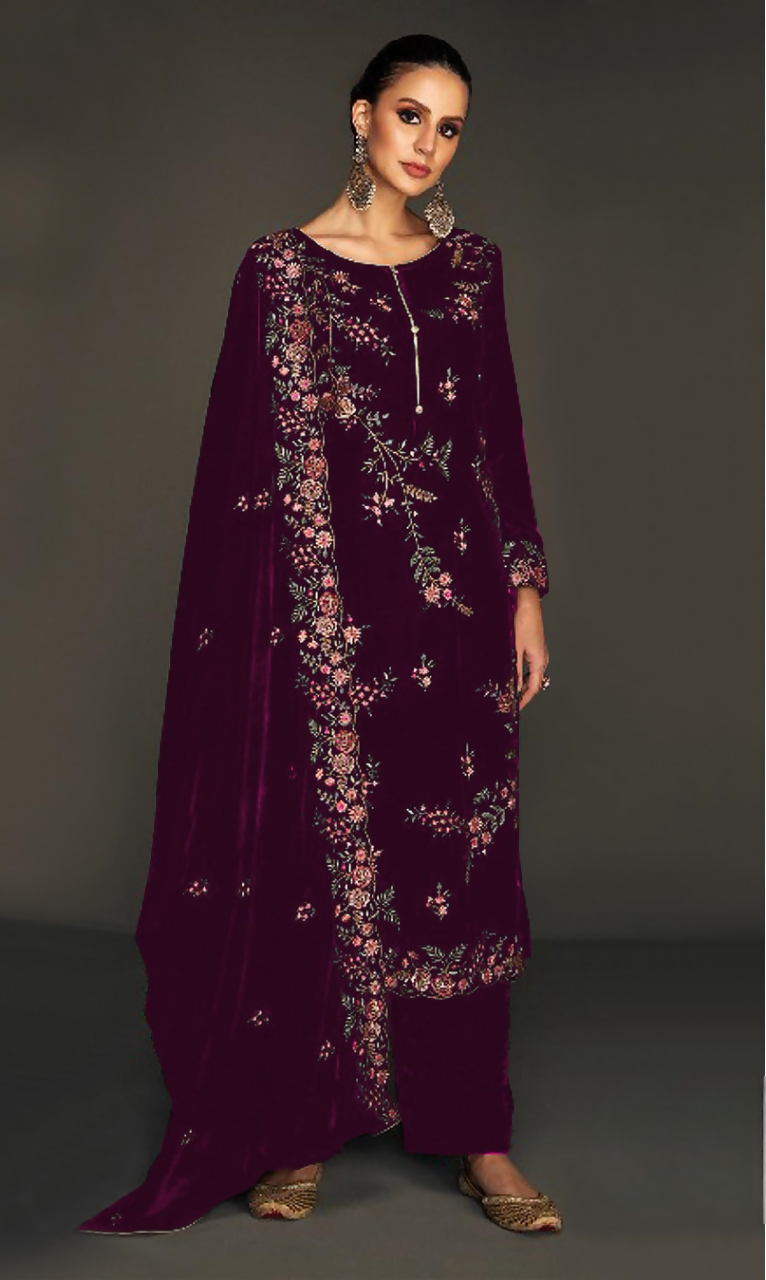 Anaita Purple Pure Velvet Stitched Suit with Heavy Embroidery Sequence Work