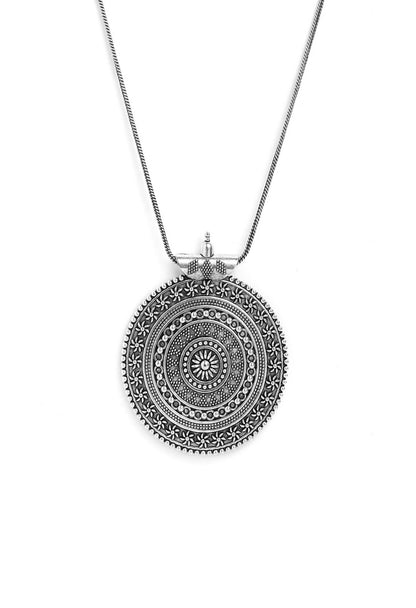 Mominos Fashion Johar Kamal Oxidised Silver-Plated Long Chain with Pendant & Studs For Women