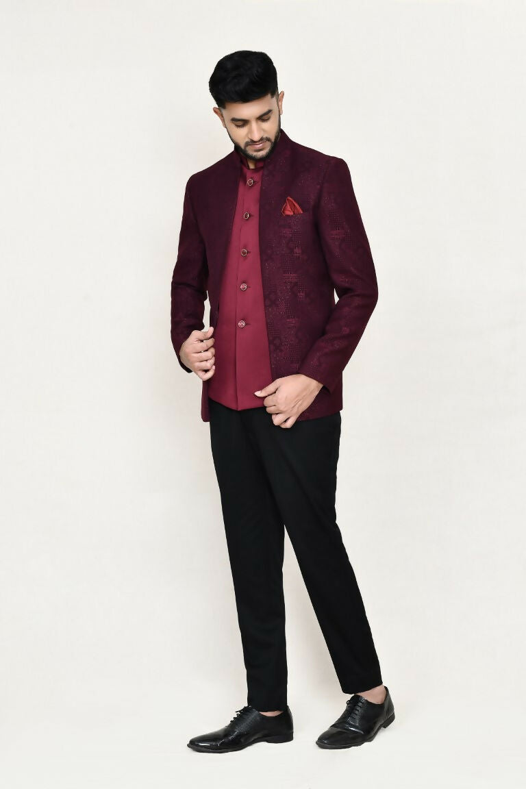 Joban Fashion Maroon Colored Imported Jacquard Fabric Open Prince Coat, Jacket With Pant