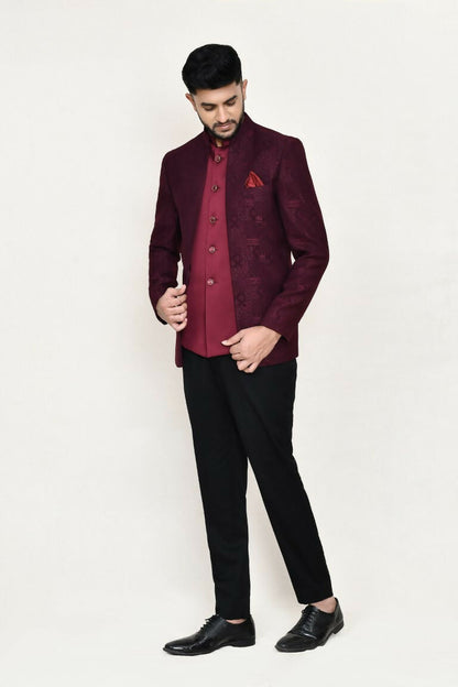 Joban Fashion Maroon Colored Imported Jacquard Fabric Open Prince Coat, Jacket With Pant