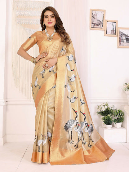 Joban Fashion Golden Cranes Patterns Banarasi Silk Sarees