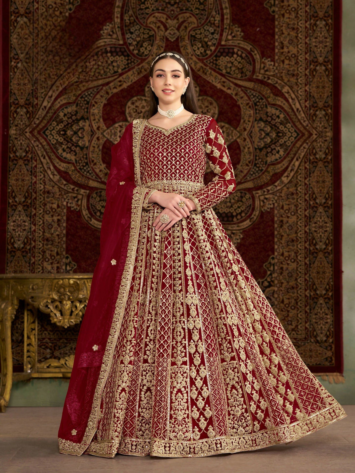 Anaita Maroon Embroidered Net Stitched Anarkali Suit