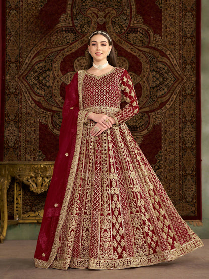Anaita Maroon Embroidered Net Stitched Anarkali Suit