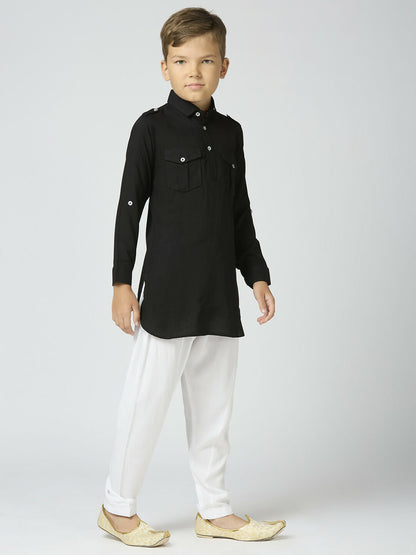 Joban Fashion Kids Island Full Sleeves Cotton Pathani Kurta and Pyjama Set - Black