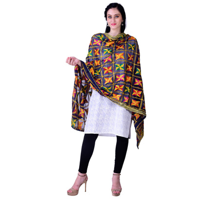 SWI Stylish Women's Embroidered Phulkari Chiffon Navy Blue Dupatta