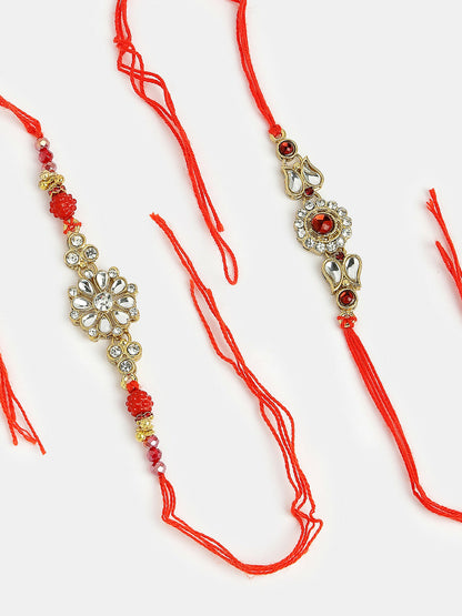 NVR Men Set of 2 Gold-Toned Stone-Studded Rakhi With Roli Chawal