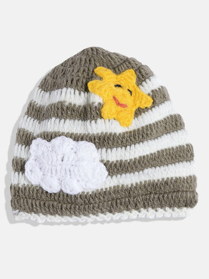 Chutput Kids Woollen Hand Knitted Full Sleeves Balloon Detail Colorblocked Sweater For Baby Boys With Striped Cap - Brown