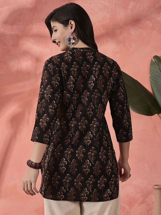 Sangria Women Printed Pure Cotton Mandarin Collar Top