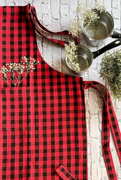 Pixel Home Cotton Apron Check Kitchen-Red Checked
