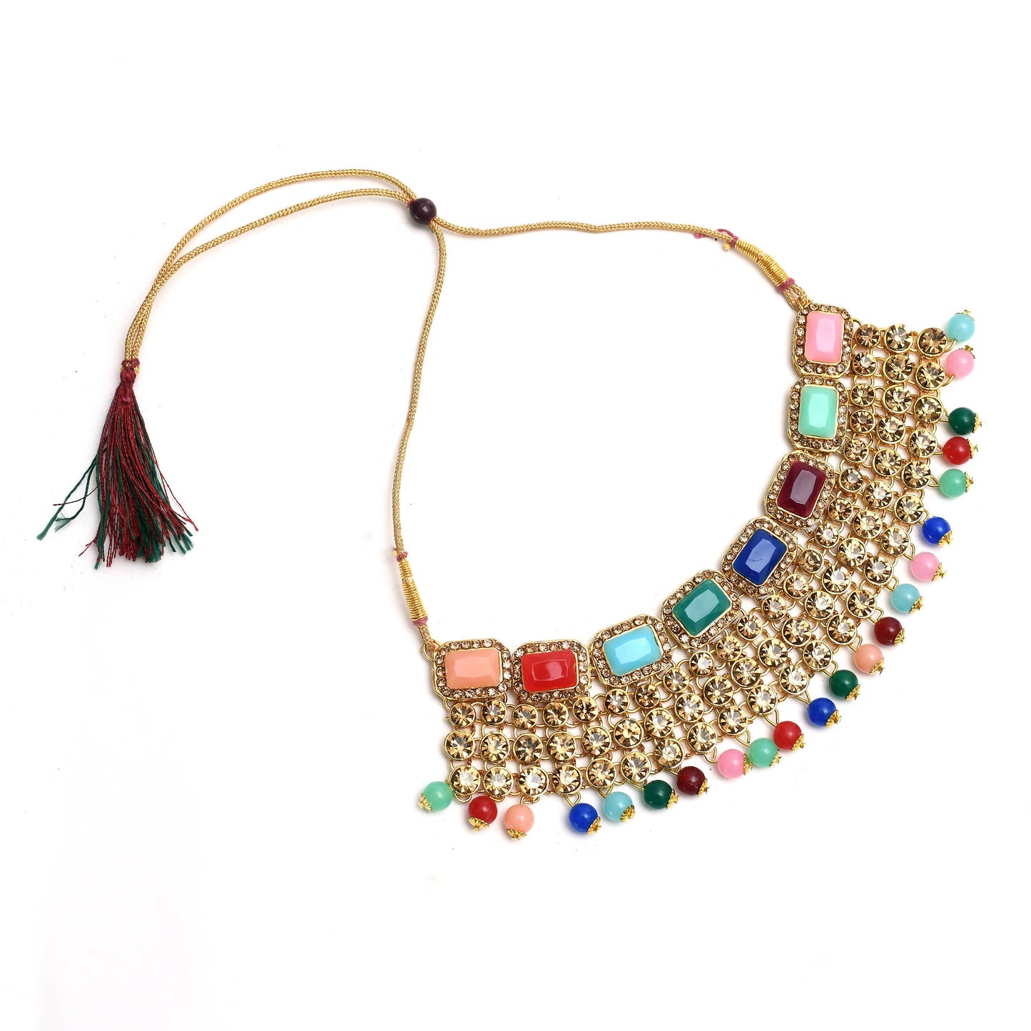 Mominos Fashion Johar Kamal Gold-Polished Rajwadi Design Heavy Multi Color Necklace Set For Women
