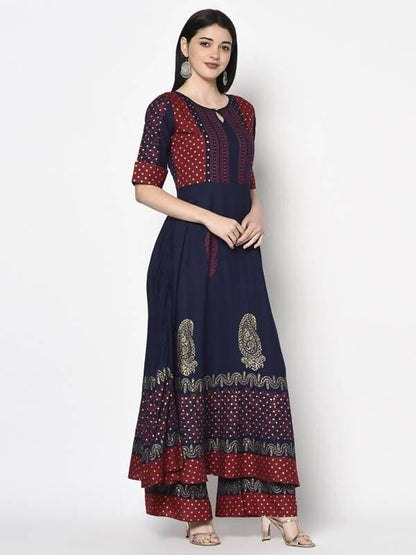 Aniyah Rayon Navy Blue Color Block Print Anarkali Palazzo Set (AN-176K)