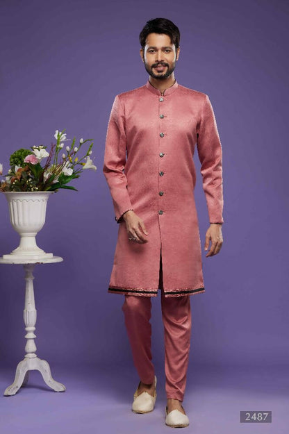 Raivat Ethnic Art Banarasi Silk Thread Work Kurta Pajama In Rust Pink Colour