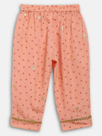 Ahalyaa Peach Crepe Gold Printed Kids Kurta Sets With Dupatta For Girls