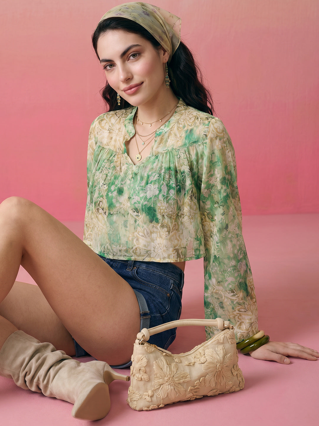 Janasya Multi Crop Chiffon Lurex Top