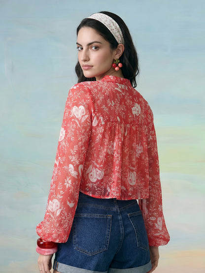 Janasya Coral Crop Chiffon Lurex Top