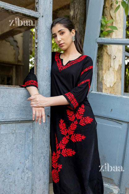 Zibaa Modal Red & Black Chikankari Kurta