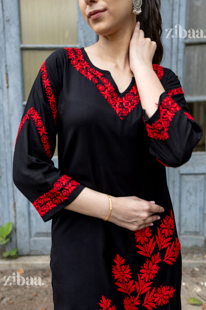 Zibaa Modal Red & Black Chikankari Kurta