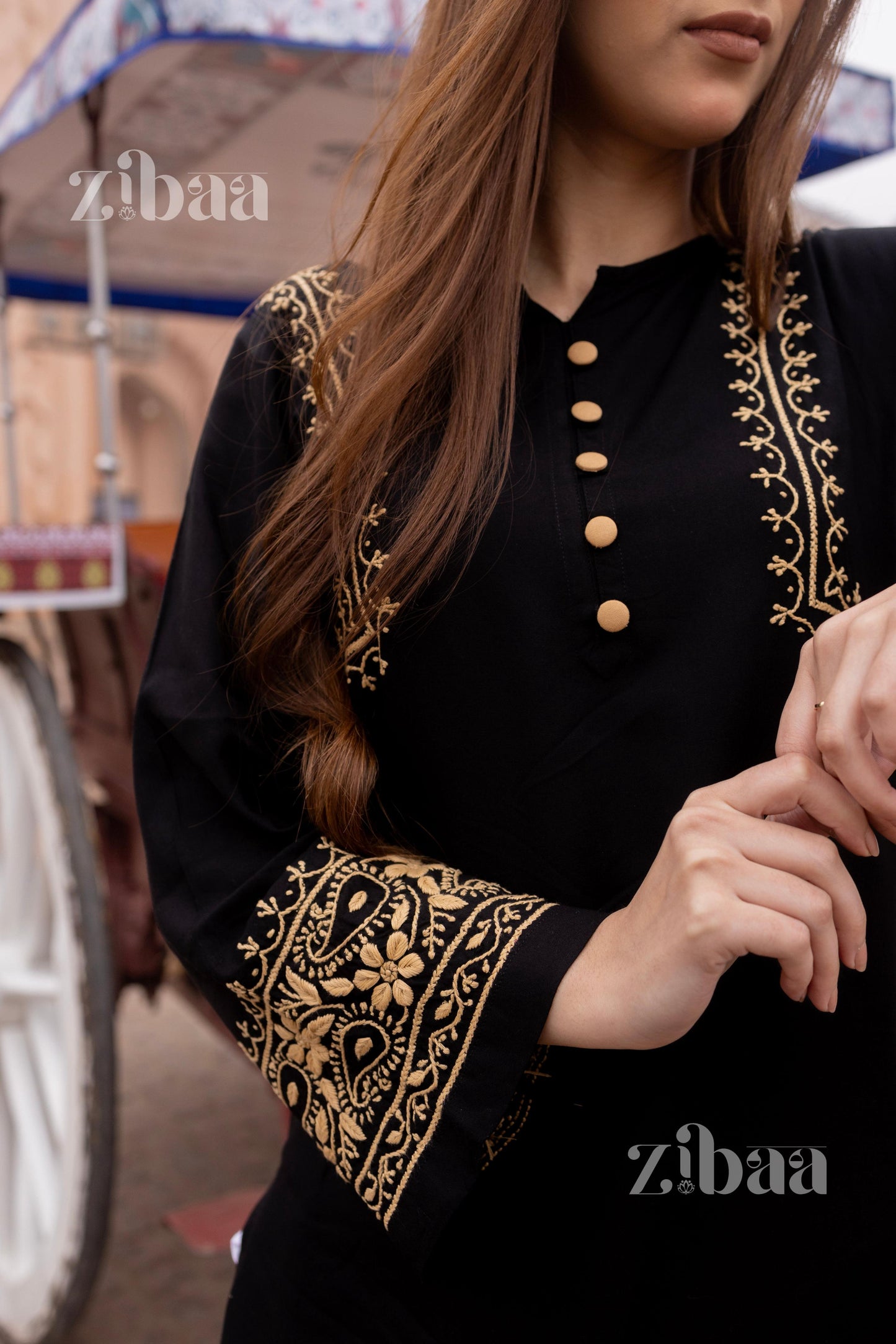 Zibaa Luxury Rayon Black Chikankari Kurta with Hand Jaal