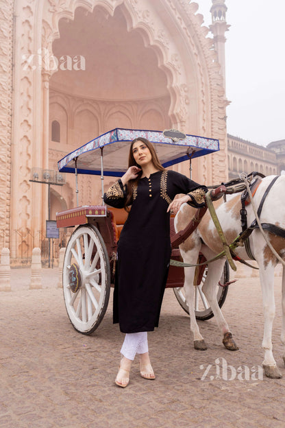 Zibaa Luxury Rayon Black Chikankari Kurta with Hand Jaal