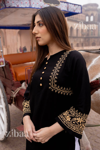 Zibaa Luxury Rayon Black Chikankari Kurta with Hand Jaal