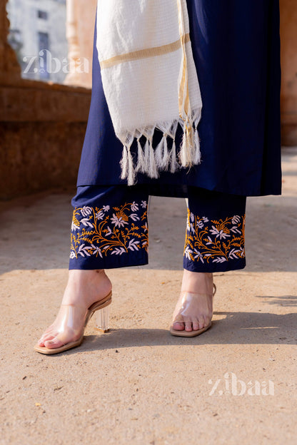 Zibaa Luxury Rayon Blue Chikankari Kurta Set with Kota Dupatta