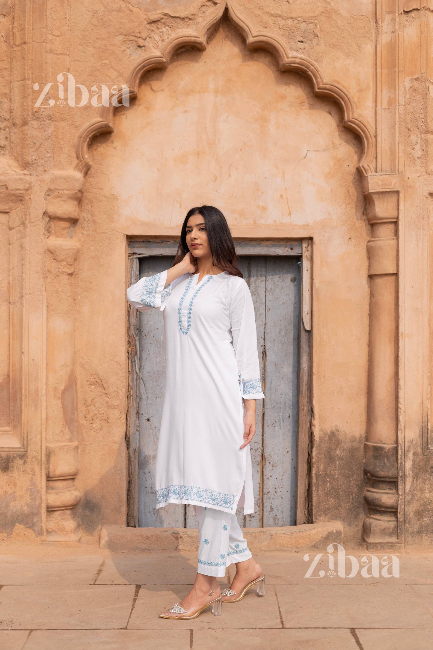Zibaa Luxury Rayon White Chikankari Kurta Set