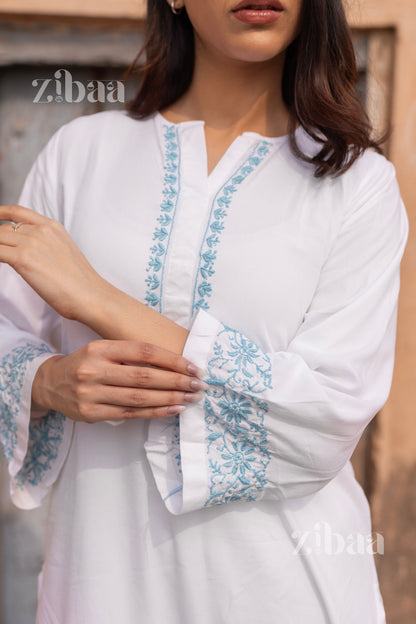 Zibaa Luxury Rayon White Chikankari Kurta Set