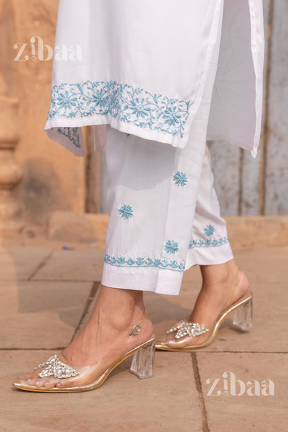 Zibaa Luxury Rayon White Chikankari Kurta Set