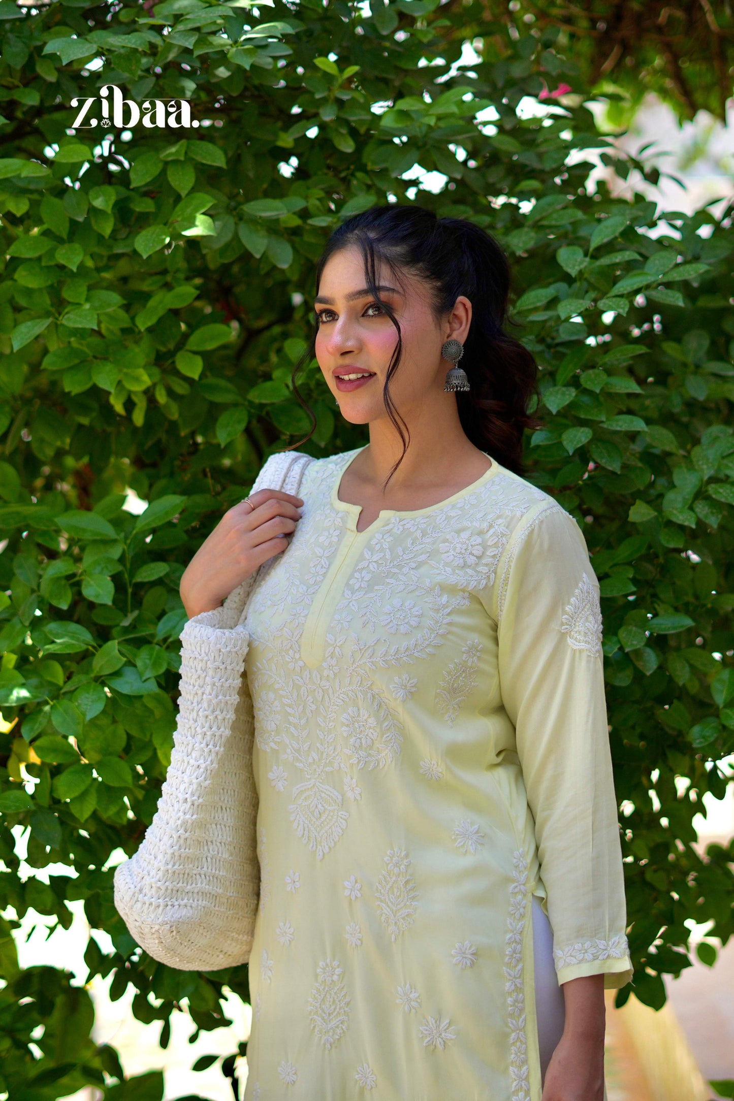 Zibaa Modal Butter Yellow Chikankari Kurta