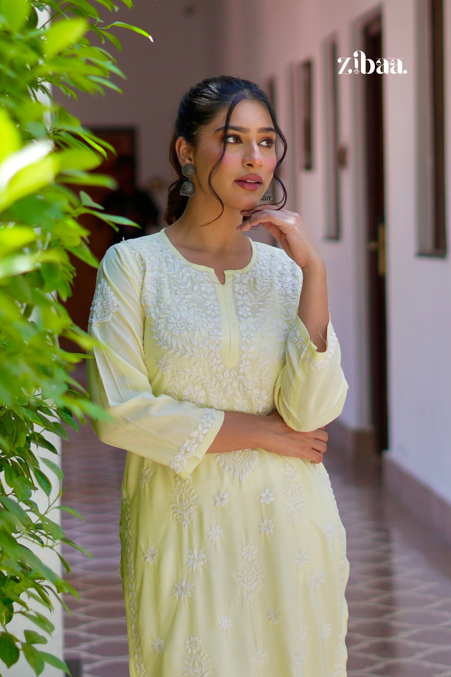 Zibaa Modal Butter Yellow Chikankari Kurta