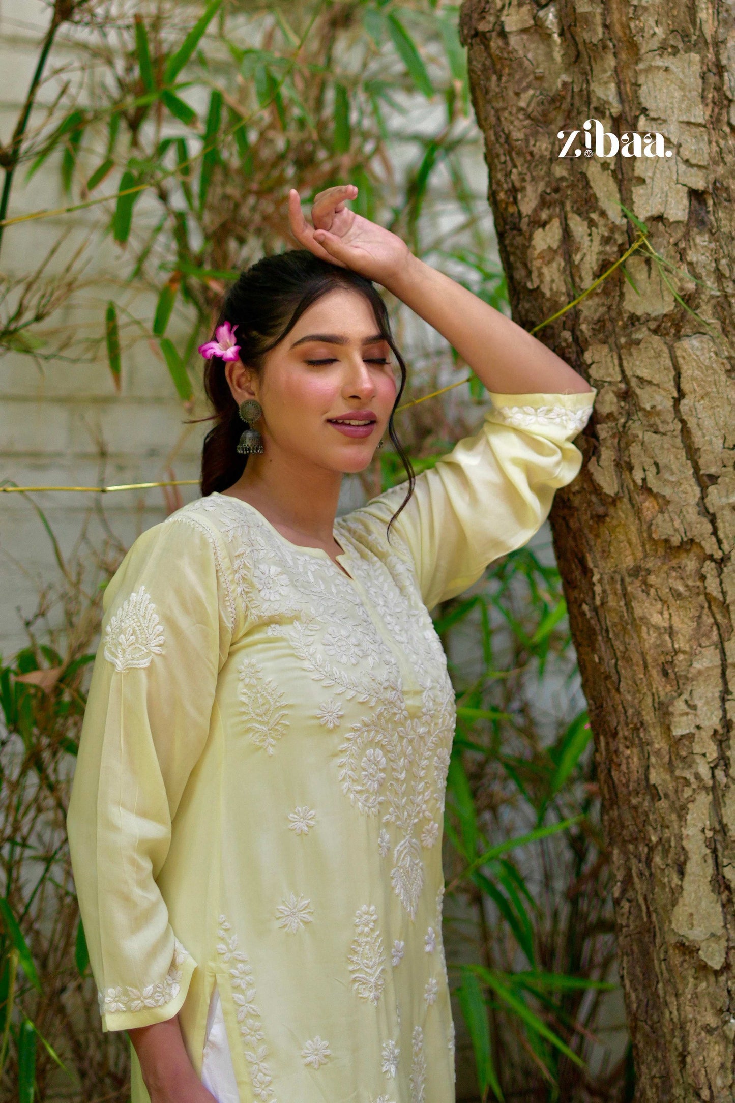 Zibaa Modal Butter Yellow Chikankari Kurta